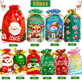 50pcs Christmas Drawstring Gift Wrap Bags Set Drawstring Christmas Wrapping Bags Xmas Gift Wrap Bag Small Medium Assorted 10 Designs 3 Sizes & About 50pcs Heat Sealable Christmas Bags