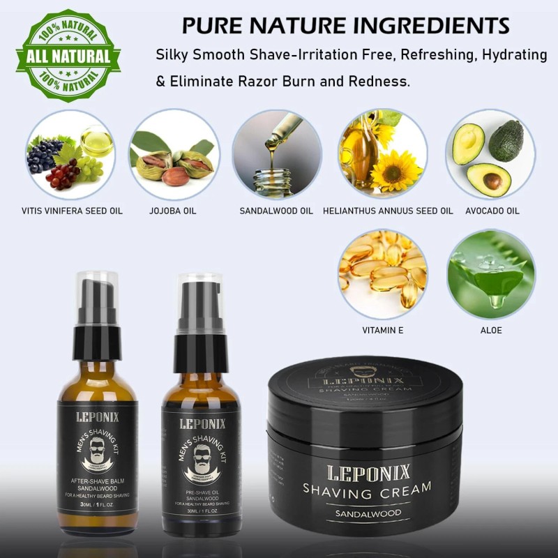 LEPONIX Men’s Shaving Kit – Sandalwood Cream, Pre-Shave Oil &
