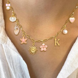 Initial Charm Necklace for Women Shell Necklace Gold Summer Beachy Surfer Starfish Conch Seashell Pearl Charms Necklaces Jewelry Beach Vacation Essentials Women Beach Fashion