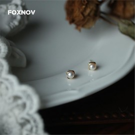 FOXNOV 14K Gold Plated Freshwater Pearl Earrings for Women, Sterling Silver Post Hypoallergenic Earrings, Square Design Minimalist Fashion Trendy Jewelry Gifts