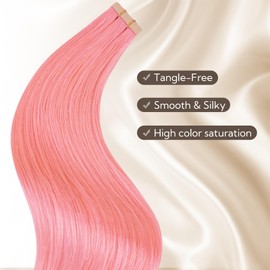 HOTBANANA Tape in Hair Extensions, 24 Inch 10pcs 30g Peach Pink Tape in Real Remy Human Hair Extensions Straight Colored