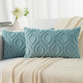 decorUhome Throw Pillow Covers 12x20 Inch Set of 2, Soft Plush Faux Wool Aqua Couch Pillow Covers, Spring Solid Dyed Accent Pillow Cases for Sofa Bed Living Room Home Decor