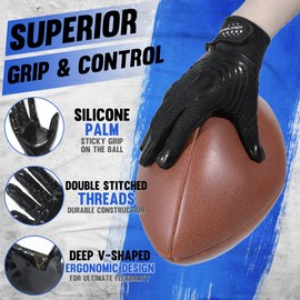 HANDLANDY Football Gloves, Super Grip Men's Receiver Gloves Best Gift for Men and Women (Dark Black, Adult Large)