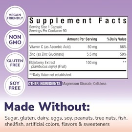 Vitalibre Elderberry Vitamin C and Zinc for Adults, Concentrated Elderberry Extract, Non GMO, No Gluten, Support Immune Health, 90 Vegan Capsules