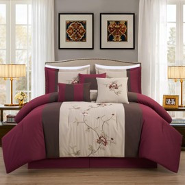 Chezmoi Collection Vienna 7-Piece Embroidered Floral Comforter Set (Queen, Burgundy Taupe Brown)