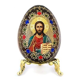 Jesus Christ the Teacher Russian Wooden Icon Egg on Gold Metal Egg Stand Holder 2 3/4 Inch