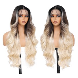 FABÉLLE Soft Blonde Lace Wig 20 Inch with Waves Baby Hair for Women Pre Stretched Synthetic Lace Wig with Black Roots 13x4x1 Density