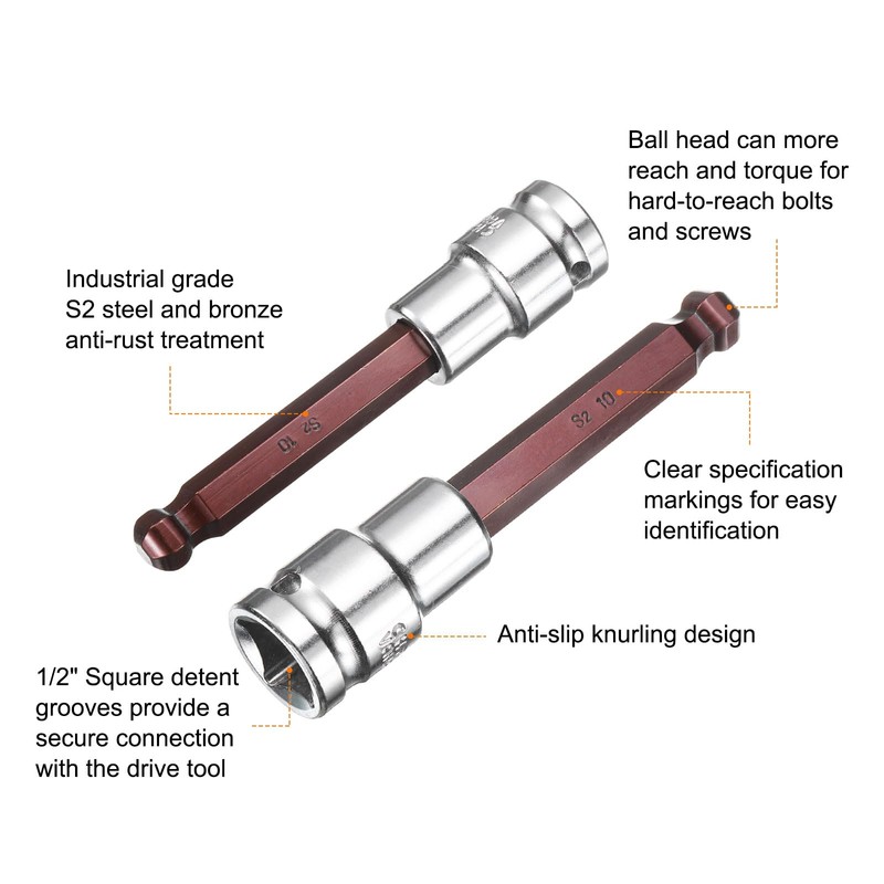 sourcing map 3pcs 10mm Ball End Hex Bit Socket 1/2"