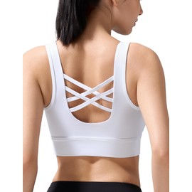 Yvette Women's Cross Back Sports Bras U-Neck Yoga Bra with Wide Straps & Fixed Pads for Workout, Gym White
