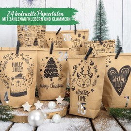 Papierdrachen Extravagant Advent Calendar for Filling with 24 Brown Gift Bags and 24 Number Stickers and Clips Children's Motif 1 for Crafts and Gift-Giving for Christmas & Advent