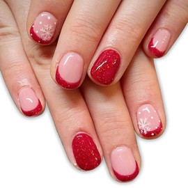 Christmas Press on Nails Square Short Fake Nails with Snowflake Red French with Design Glitter Full Cover Stick on Nails Pink Acrylic False Nails Xmas Winter Artificial Nails Glue on Nails for Women