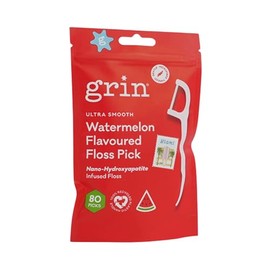Grin Ultra Smooth Watermelon Flavoured Floss Picks, 80 Pack, Nano-Hydroxyapatite Infused, 100% Recycled Plastic Handle, Premium UHMW PE Floss