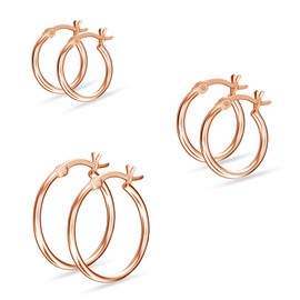 LeCalla Sterling Silver Set of 3 Pairs Rose-Gold Plated Click-Top Hoop Earrings for Teen Women (12mm, 15mm, 20mm)