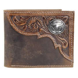 American Bison Tooled Side Bifold Wallet with Conchos–Oil Pull Up Classic Western Craftsmanship & RFID Protection (Long Horn, Brown)