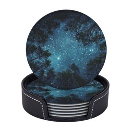 Night Sky Cool Tree Space Star Coasters for Drinks Round Leather Coaster with Holder Set of 6 for Tabletop Protection Desk Accessories Office Home Room Decor