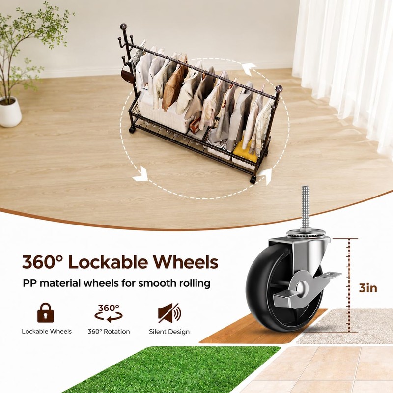 ANJIYP Rolling Clothes Drying Rack with Lockable Wheels, Heavy Duty