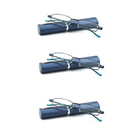 EYE ZOOM 3 Pack Readers Ultra Slim Compact Lightweight Tube Reading Glasses with Portable Clip Aluminum Case, Navy Blue Strength +1.00