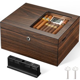 Cigar Humidor Box with Ventilation Grid – Holds up to 120 Cigars, Spanish Cedar Lining, Magnetic Dividers, Custom Gel Humidifier, Digital Hygrometer & Lock – Luxury Cigar Storage for Aficionados