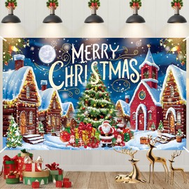 Christmas Banner Backdrop, Merry Christmas Banners, Blue Santa Snowman Christmas Banner Photo Booth Sign Background Decor, Fabric Xmas Hanging Banner for Indoor Outdoor Christmas Party Decorations