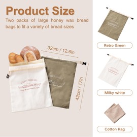 SGKXU 2 Pack Reusable Beeswax Bread Bags for Homemade Sourdough - XL Removable Cotton Linen Sourdough Storage Bags to Keep Fresh