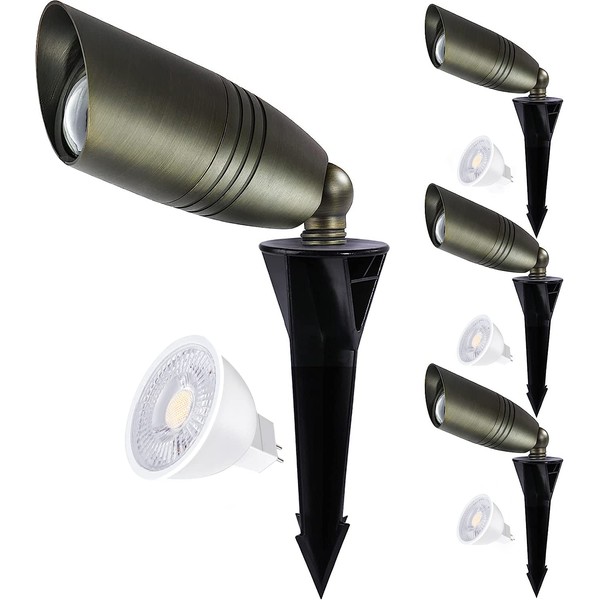 CINOTON 4-Pack Low Voltage Landscape Spotlights Outdoor, Solid Brass Directional Uplights Included MR16 LED Bulb Ground Stake Spot Up Landscape Lighting Fixture for Garden Patio