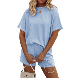 Ekouaer Womens Pajama Sets Short Sleeve Lounge Sets 2 Piece Pjs Tops and Shorts Outfits Matching Loungewear with Pockets Sky Blue