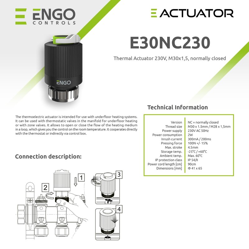 ENGO E30NC-230 UFH Thermal Actuator 230V M30x1.5 Normally Closed Underfloor
