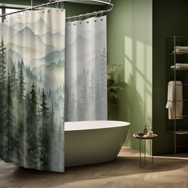 QGHOT Mountain Shower Curtain Green Forest Nature Shower Curtains for Bathroom Rustic Woodland Pine Tree Landscape Bath Decor Sets, Waterproof Polyester Fabric with Hooks, 108x72in