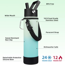 BJPKPK 27oz Insulated Water Bottles with 3 Lids, Paracord Handle & Non-slip Boot, Stainless Steel Metal Water Bottle with Straw, BPA Free Leak Proof Thermos, Tumblers,Mint