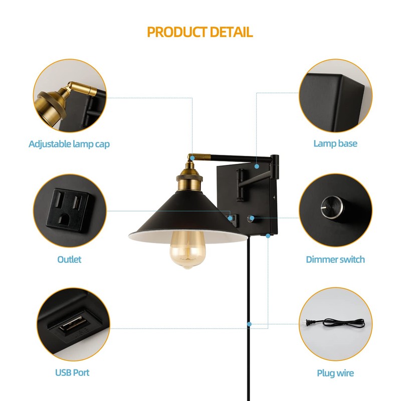 Bedside Wall Mount Light with Dimmable Switch and Outlet, Swing