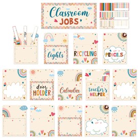 Pajean 75 Pcs Classroom Jobs Cards Teacher's Helpers Bulletin Board Set Class Jobs Pocket Chart with Chalkboard Brights Name Tags for Preschool Elementary Back to School Decor(Boho)