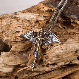 HAQUIL Dragon Gold Sword Stainless Steel Punk Rock Pendant Dragon Vintage Punk Animal Dragon Gothic Necklace For Mens Perfect Dragon Gifts Necklace For Men