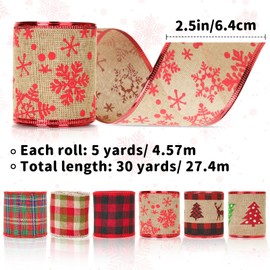 KINGLAKE 30 Yards Christmas Wired Ribbon for Wreath Bows Making, 2.5 Inch Burlap Tartan Ribbon Hessian Ribbon, Red Christmas Tree Ribbon Wide Snowflake Ribbon for Gift Wrapping Xmas Decorations