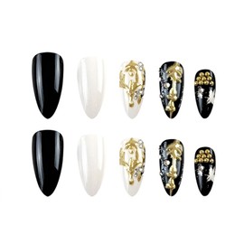 Christmas Press on Nails Medium Almond Fake Nails 3D Gold Elk Antlers False Nails Winter Snowflakes Acrylic Nail Press ons with Rhinestones Glue on Nail for Women Girls Manicure