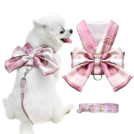 ABRRLO Dog Cat Harness Leash Set, Bowknot, Checkered Pattern, Puppy Harness, Plaid, For Small and Medium Dogs, Includes D-Rings, Mesh, Cute, Adjustable (Pink, 2L)