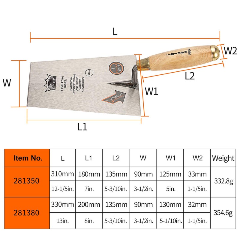 KSEIBI 281350 Narrow Bucket Brick Trowel Wooden Handle Square Tip