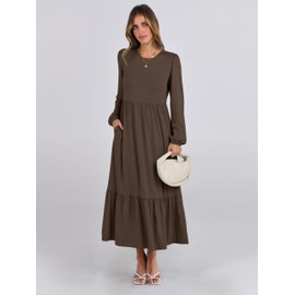 ANRABESS Women's Casual Long Sleeve Midi Dress 2024 Fall Crewneck A Line Tiered Flowy Loose Trendy Dresses with Pockets Coffee Large