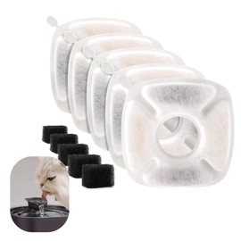 Cat Water Fountain Filter Replacement (5-Pack) with Pre-Filter Sponges – Triple Filtration Activated Carbon – Fits Square 84 oz/2.5 L Automatic Cat & Dog Water Dispenser