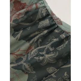 CIDER Mini Dress Floral Sundress Ruched Dress Stand Neck Middle Waist Elegant Party Cocktail Clubbing Dresses Green