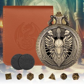 Mini DND Dice Set with Bronze Hollow Paladin Knight Warrior Pocket Watch Shell Case, DND Gifts with Dice Bag, 7pcs Polyhedral Metal D&D Dice Set, DND Starter Set, Role Playing Board Games Accessories