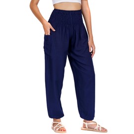 LOFBAZ Harem - Pantalones de yoga para mujer, S-4XL, estilo hippie, bohemio, para descansar, playa, estampado Plus, Sólido 1 Azul Oscuro, L