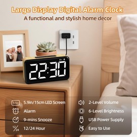 NOKLEAD Digital Alarm Clock for Bedroom: 5.9 inch Large LED Display, 9-Mins Snooze, 2 Volume Levels, 5 Brightness, 12/24H, Adapter Powered, Easy to Use for Adults and Seniors (Light Wood Grain)