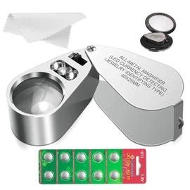 40X Jewelers Loupe, Full Metal Illuminated Jewelry Loop Magnifier, Pocket Folding Magnifying Glass with 10 Backup Batteries, for Currency Detecting, Coin, Diamonds, Gems, Jewelry, Stamps Close Work