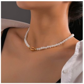 Erimberate Bohemian Pearl Shell Choker Necklace Gold Cowrie Shell Necklace Baroque Pearl Chain Necklace Seashell Pendant Necklace Cowrie Necklace Chain Jewelry for Women and Girls Gifts