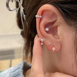 Cute Bow Knot Mini Huggie Hoop Earrings for Women Teen Girls Cartilage CZ Solitaire Crystal Dangle Drop Earring Hypoallergenic Sleeper Wrap Cuffs Dainty Jewelry Birthday Chirstmas Gifts 6mm