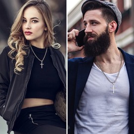 HAIAISO 925 Sterling Silver Cross Pendant Necklace for Men Women 5mm 18K White Gold Plated Stainless Steel Diamond-Cut Curb Chain Crucifix Necklace 18 Inches