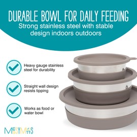 Messy Mutts Stainless Steel Heavy Gauge Bowl with Non-Slip Removable Silicone Base | Durable Indoor/Outdoor Dog Bowl | Warm Grey | Medium, 2.5 Cups