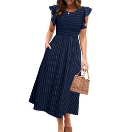 Simplee Womens Striped Midi Summer Dress Ruffle Cap Sleeves Beach Dress Smocked Flowy Maternity Dress with Pockets(Navy Blue L)
