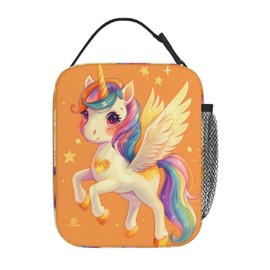 Plistiz Fantasy Unicorn Lunch Box,Insulated Lunchbox,Star and Orange Background Bags,Reusable Cooler Lunchbag for Picnic,Travel,Office,Camping,Ideal Gifts for Women,Girls,Kids
