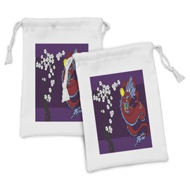Ambesonne Dragon Fabric Pouch Set of 2, Japanese Style Inspired Drawing Fantasy Animal Cherry Blossoms Print, Small Drawstring Bag for Toiletries Masks and Favors, 9" x 6", Dark Purple and Multicolor